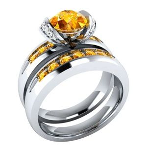 New Beautiful Sterling Silver Citrine White Sapphires 2pc Ring Set